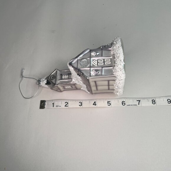 Silver Church Christmas Blown Glass Ornament With Glitter Snow Accents - Picture 8 of 8